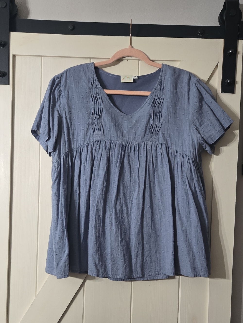 Light Blue V-Neck Short Sleeve Pintuck Blouse